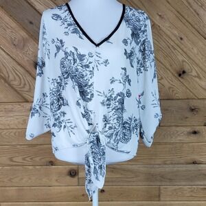 Miley + Molly Womens Top Sheer Blouse Floral Print V Neck White Black Size Large